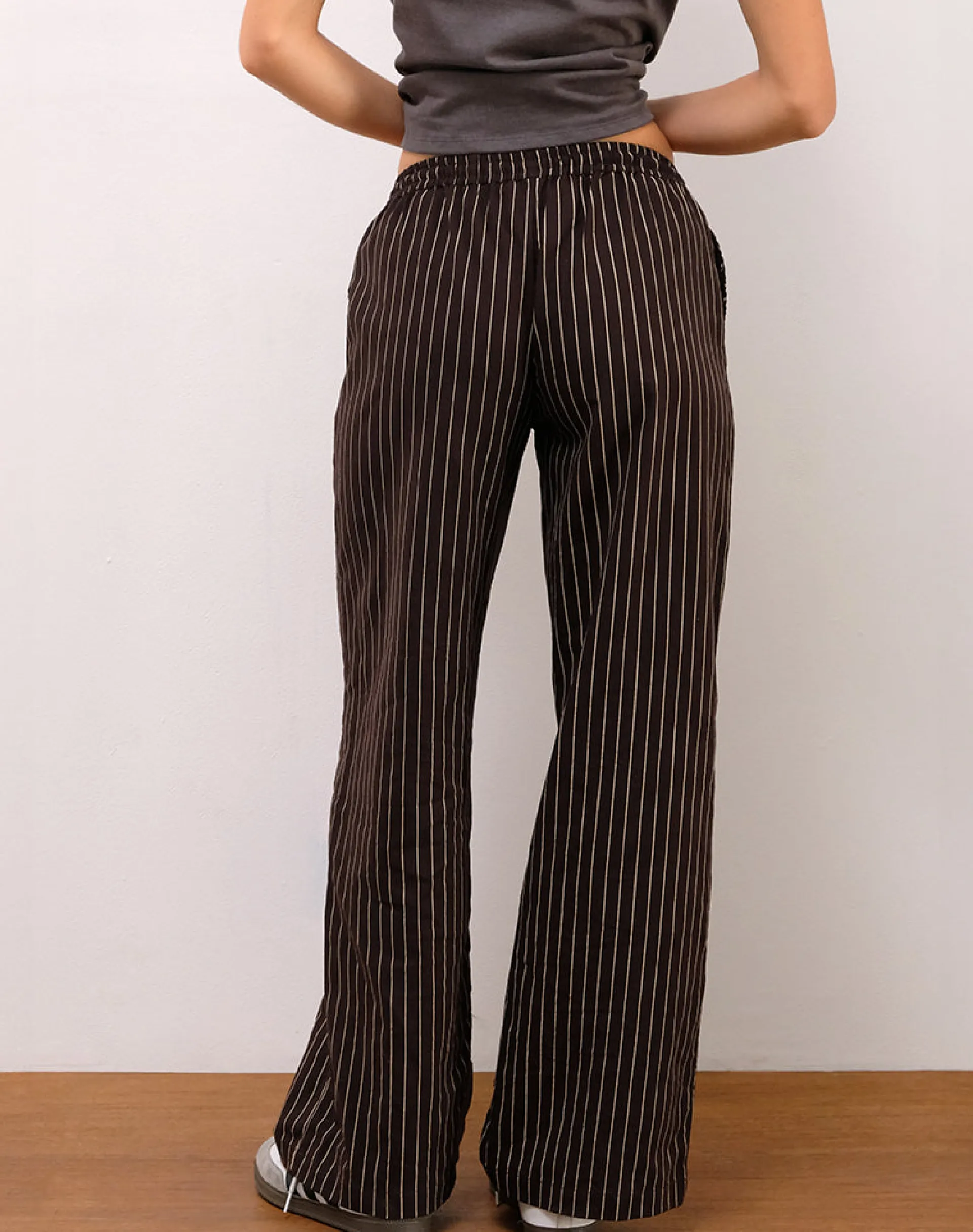 Motel Rocks Wide Leg Pants | Low Rise Pants-Wasic Wide Leg Linen Trousers in Deep Mahogany Pencil Stripe DeepMahoganyPencilStripe