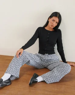 Motel Rocks Wide Leg Pants | Low Rise Pants-Wasic Wide Leg Linen Trouser in Floral Gingham Black FloralGinghamBlack