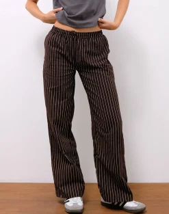 Motel Rocks Wide Leg Pants | Low Rise Pants-Wasic Wide Leg Linen Trousers in Deep Mahogany Pencil Stripe DeepMahoganyPencilStripe