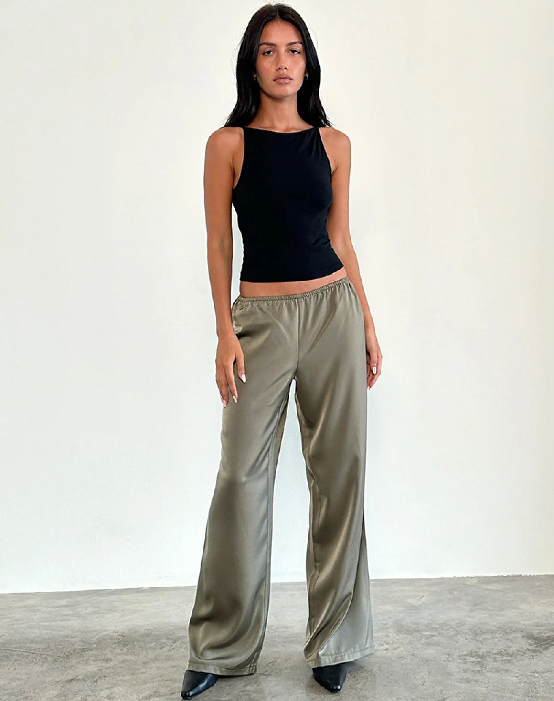 Motel Rocks Wide Leg Pants | Low Rise Pants-Waski Trouser in Satin Sage SatinSage