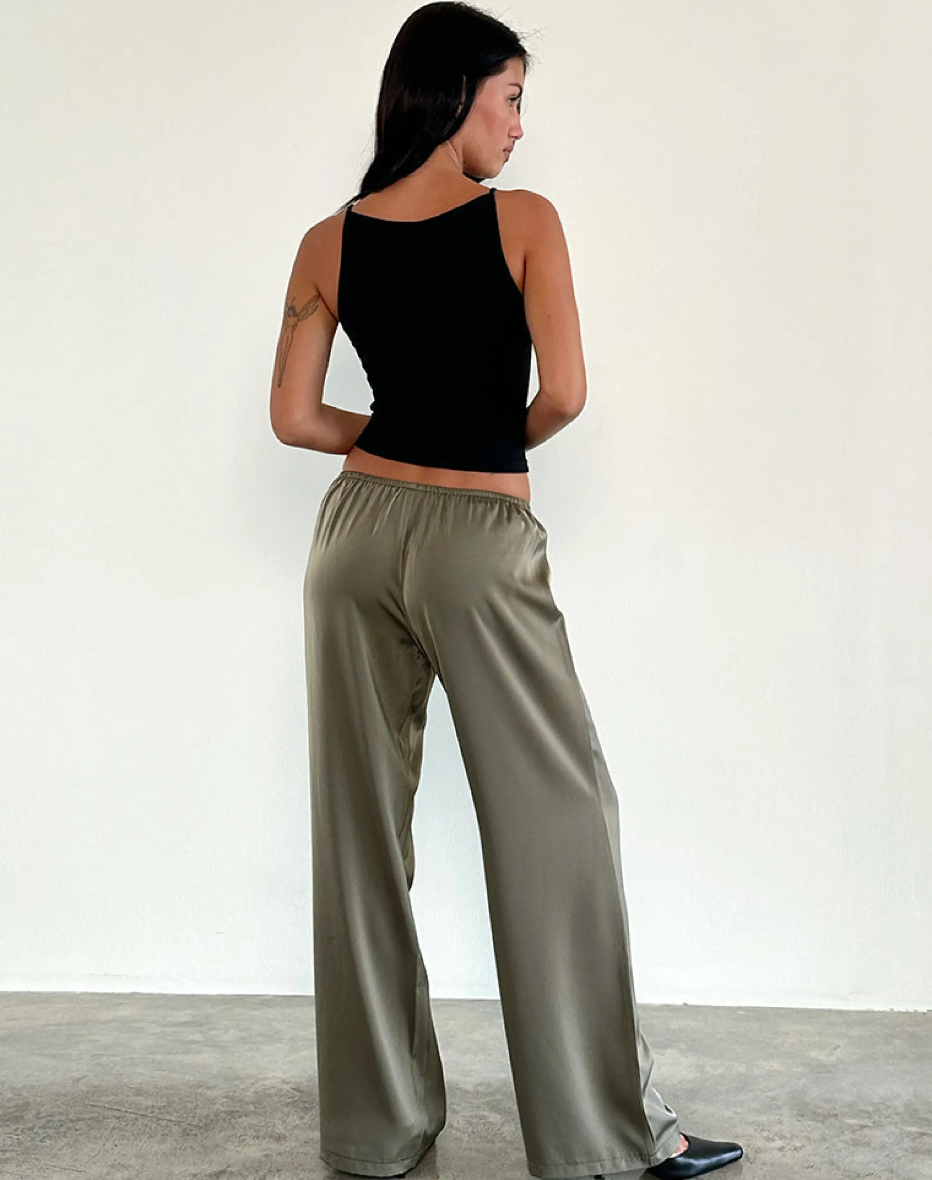 Motel Rocks Wide Leg Pants | Low Rise Pants-Waski Trouser in Satin Sage SatinSage