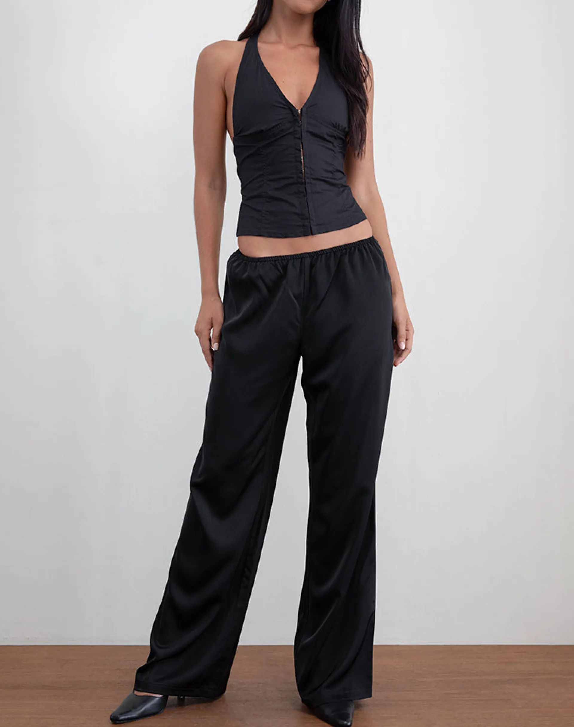 Motel Rocks Tailoring-Waski Wide Leg Trouser in Satin Black SatinBlack