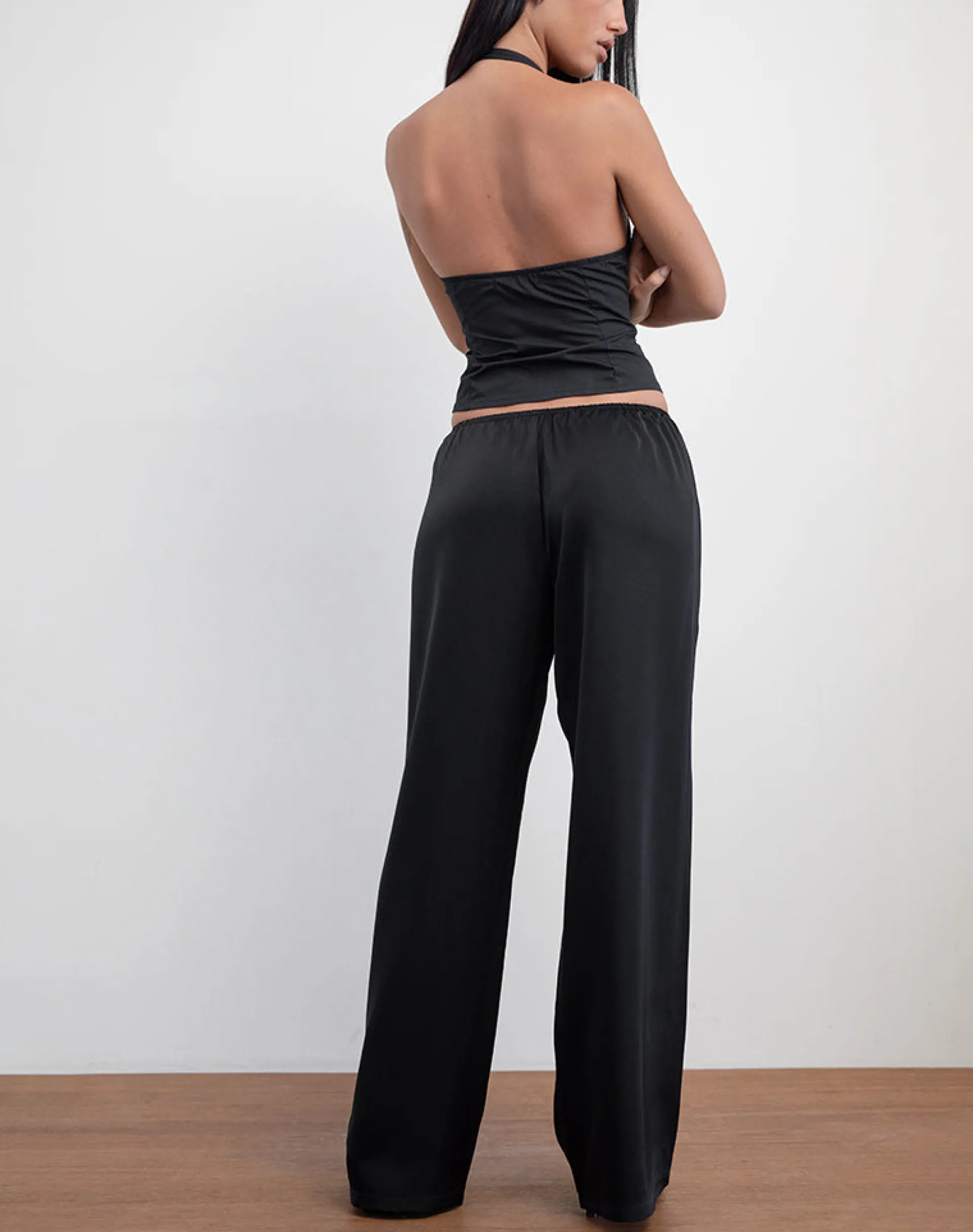 Motel Rocks Tailoring-Waski Wide Leg Trouser in Satin Black SatinBlack