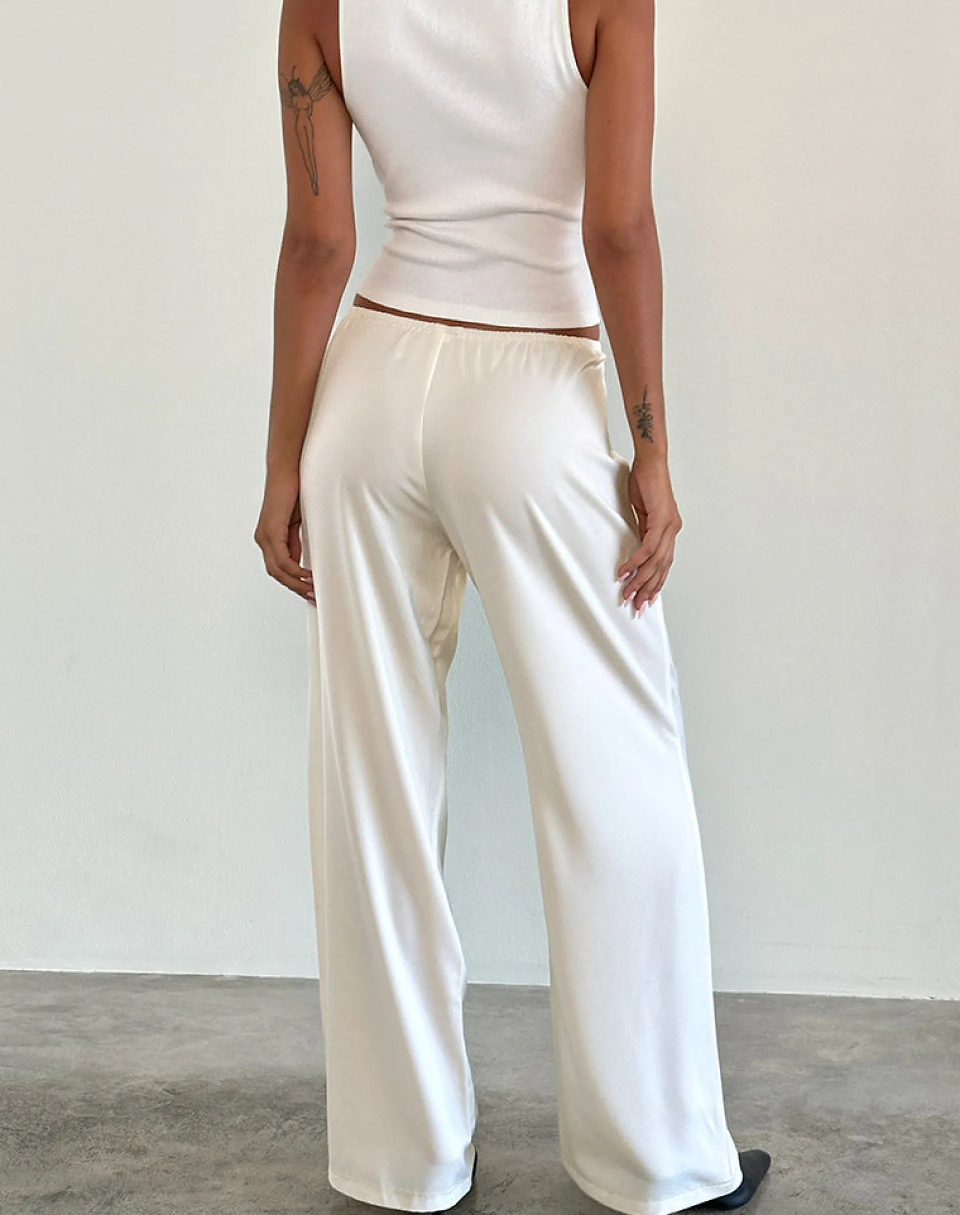 Motel Rocks Wide Leg Pants-Waski Wide Leg Trouser in Satin Ivory SatinIvory