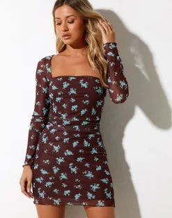 Motel Rocks Long Sleeve Dresses | Mini Dresses-Wilem Mini Dress Femme Floral Blue and Brown FemmeFloralBlueandBrown
