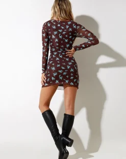 Motel Rocks Long Sleeve Dresses | Mini Dresses-Wilem Mini Dress Femme Floral Blue and Brown FemmeFloralBlueandBrown