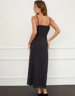 Motel Rocks Midi Dresses-Wilonna Maxi Dress in Basic Polka Black Chiffon