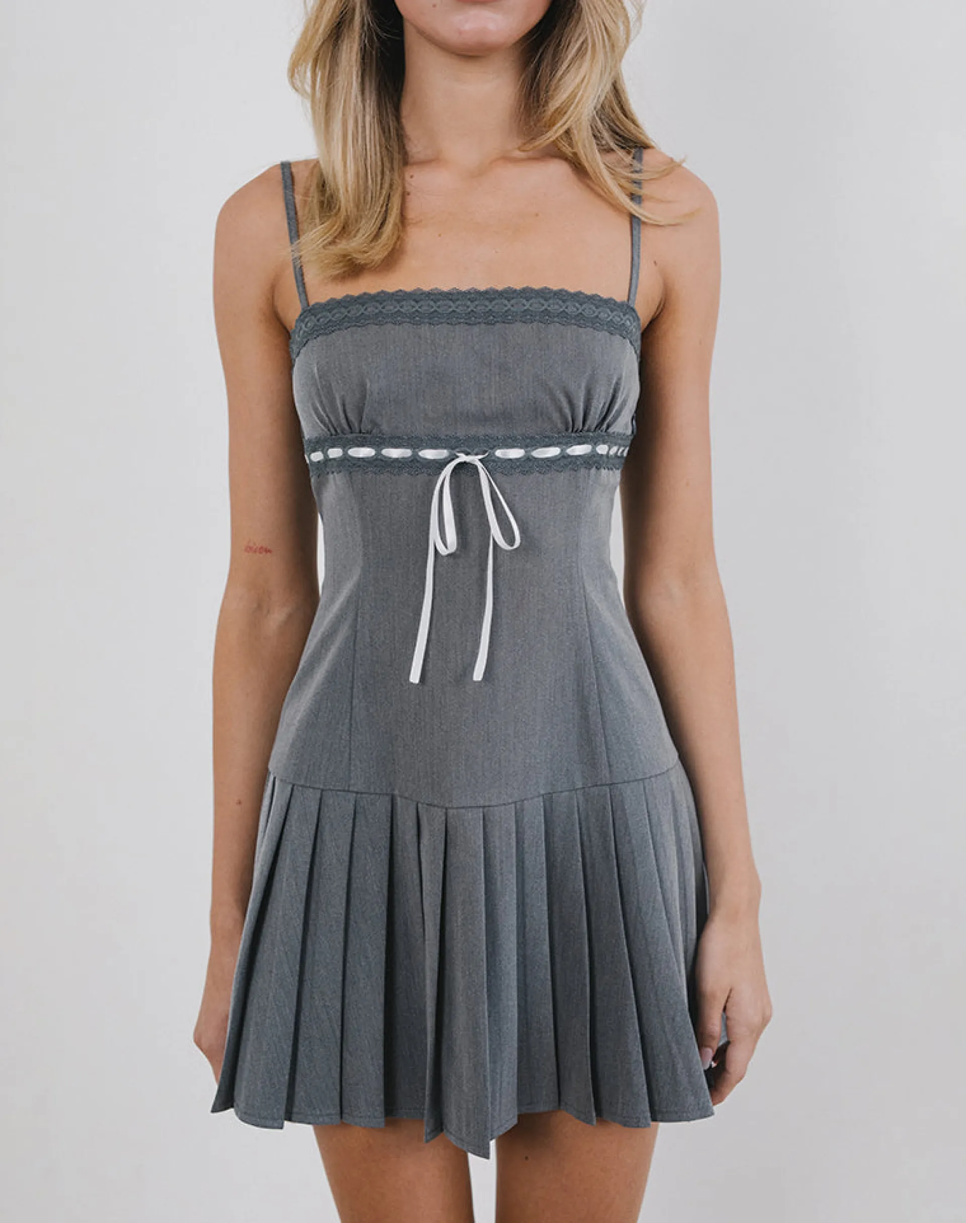Motel Rocks Tailoring | Party Dresses-Wimala Mini Dress in Charcoal with White Ribbon CharcoalwithWhiteRibbon