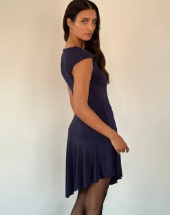 Motel Rocks Mini Dresses-Winslow Asymmetric Frill Mini Dress in Navy