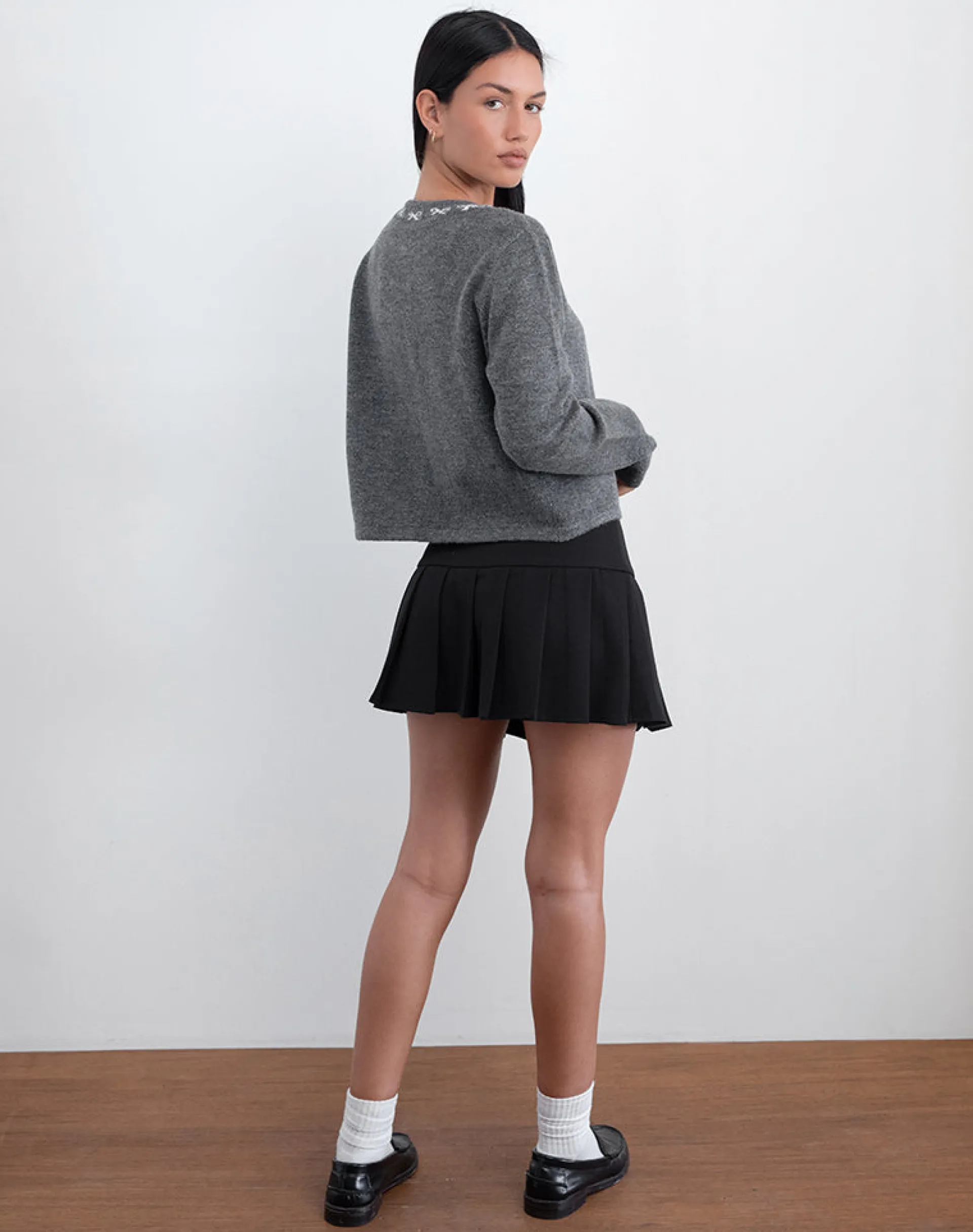 Motel Rocks Cardigans-Wunara Cardigan in Grey with Ivory Bows GreywithIvoryBows