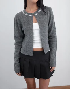 Motel Rocks Cardigans-Wunara Cardigan in Grey with Ivory Bows GreywithIvoryBows