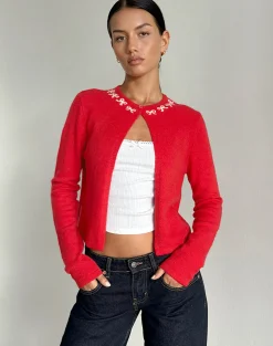 Motel Rocks Cardigans-Wunara Cardigan in Red with Pink Bows RedwithPinkBows