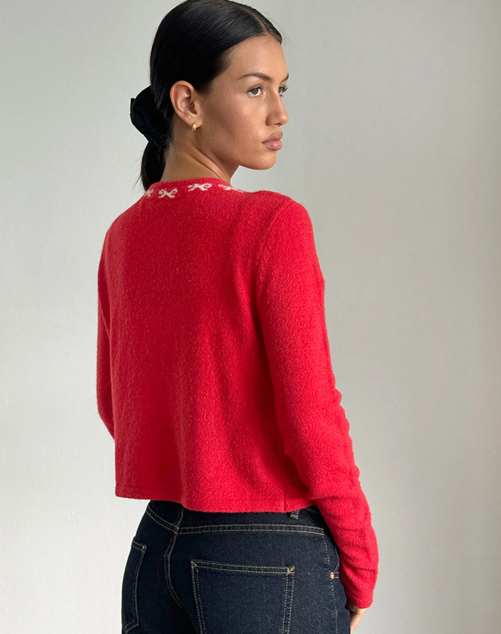 Motel Rocks Cardigans-Wunara Cardigan in Red with Pink Bows RedwithPinkBows