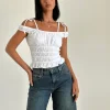 Motel Rocks Corset Tops-Xavan Bardot Tie Shoulder Top in White
