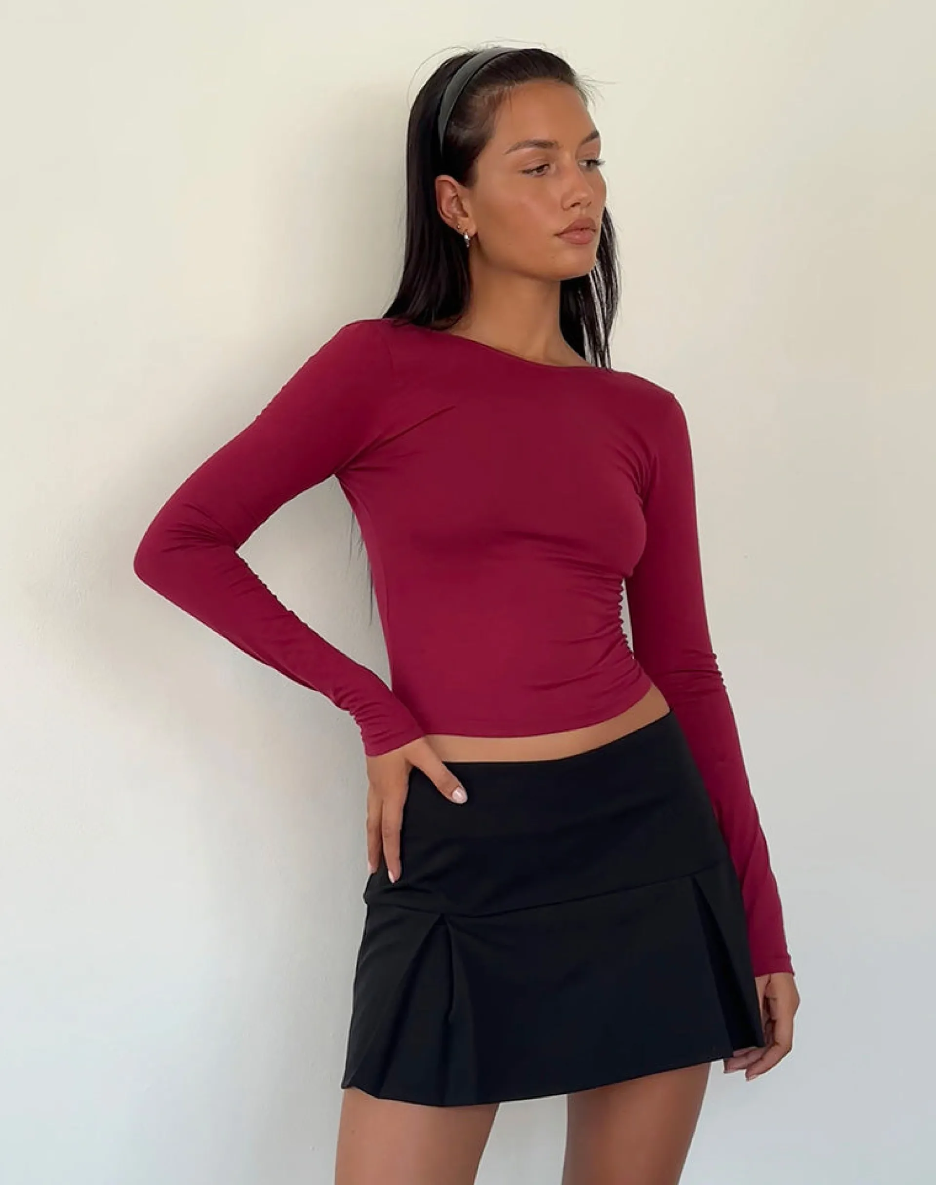 Motel Rocks Basic Tops | Long Sleeve Tops-Xiabon Backless Long Sleeve Top in Burgundy