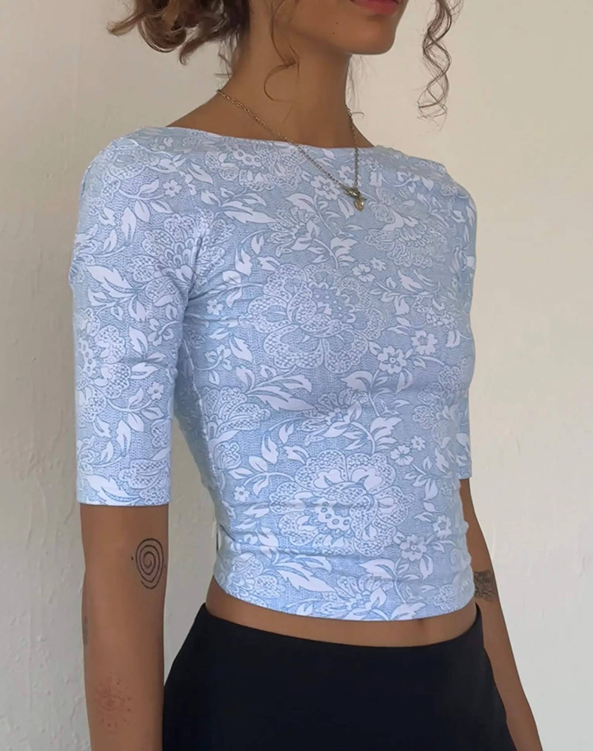 Motel Rocks Basic Tops | Printed Tops-Xiwani Top in White Ornate Print Lycra