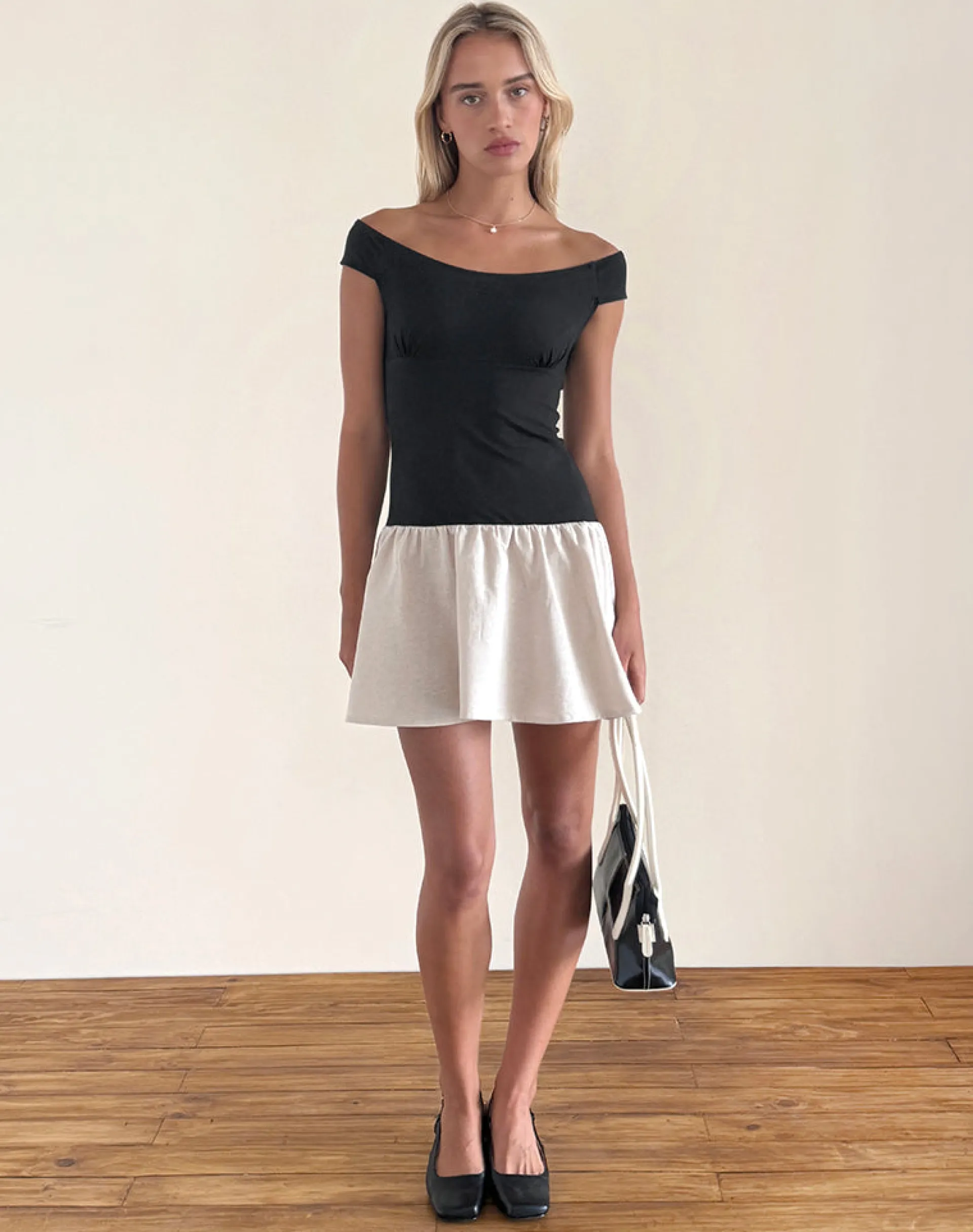 Motel Rocks Tailoring | Party Dresses-Yael Mini Dress in Lycra Linen Black and Ecru