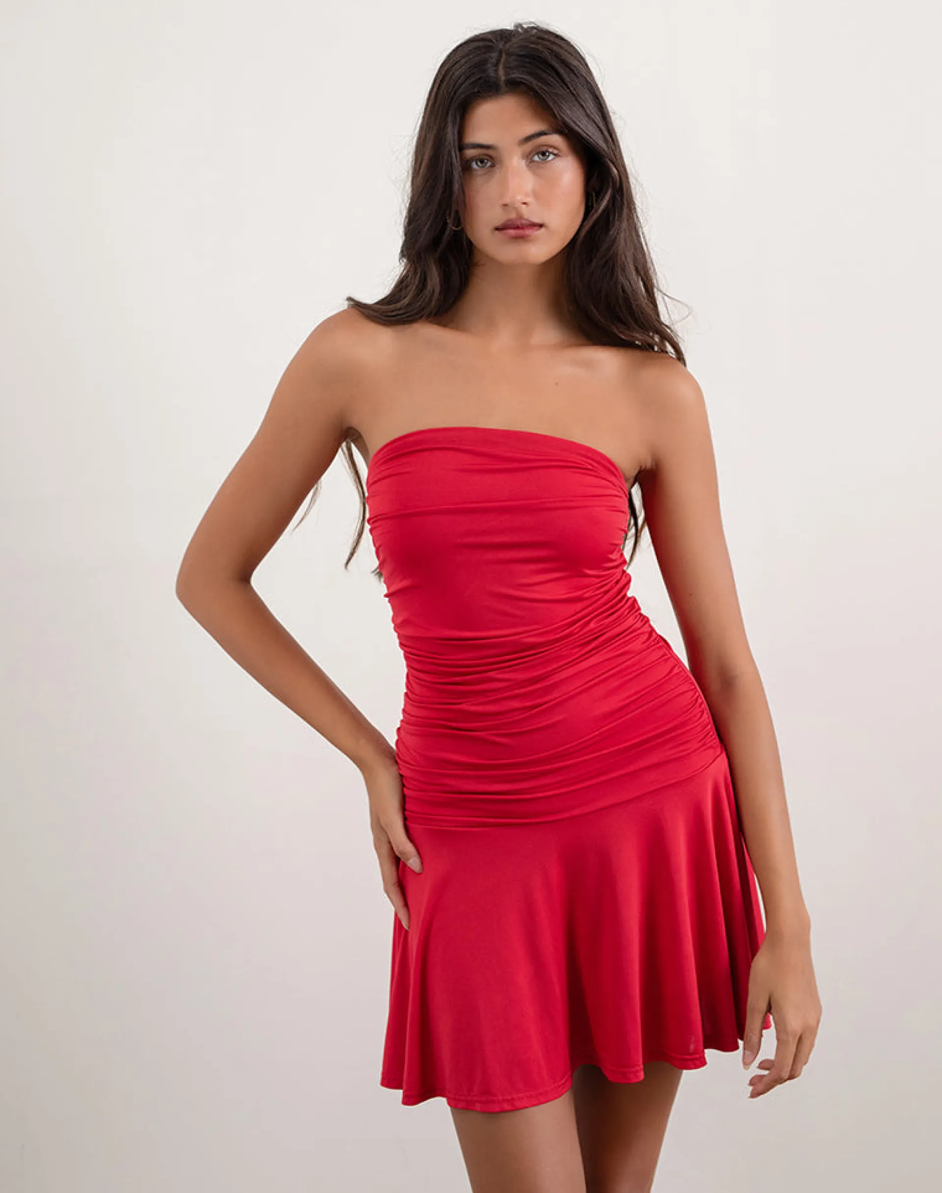Motel Rocks Party Dresses | Mini Dresses-Yasmin Bandeau Mini Dress in Slinky Red SlinkyRed