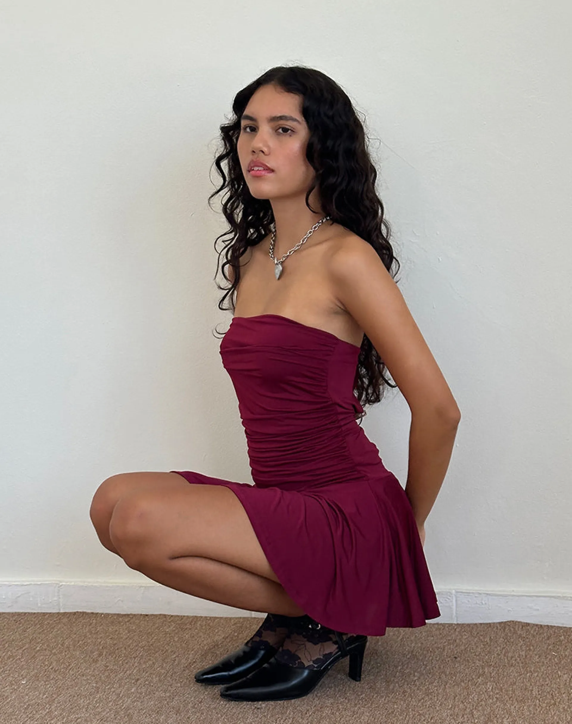 Motel Rocks Bandeau Dresses | Party Dresses-Yasmin Bandeau Mini Slinky Dress in Burgundy