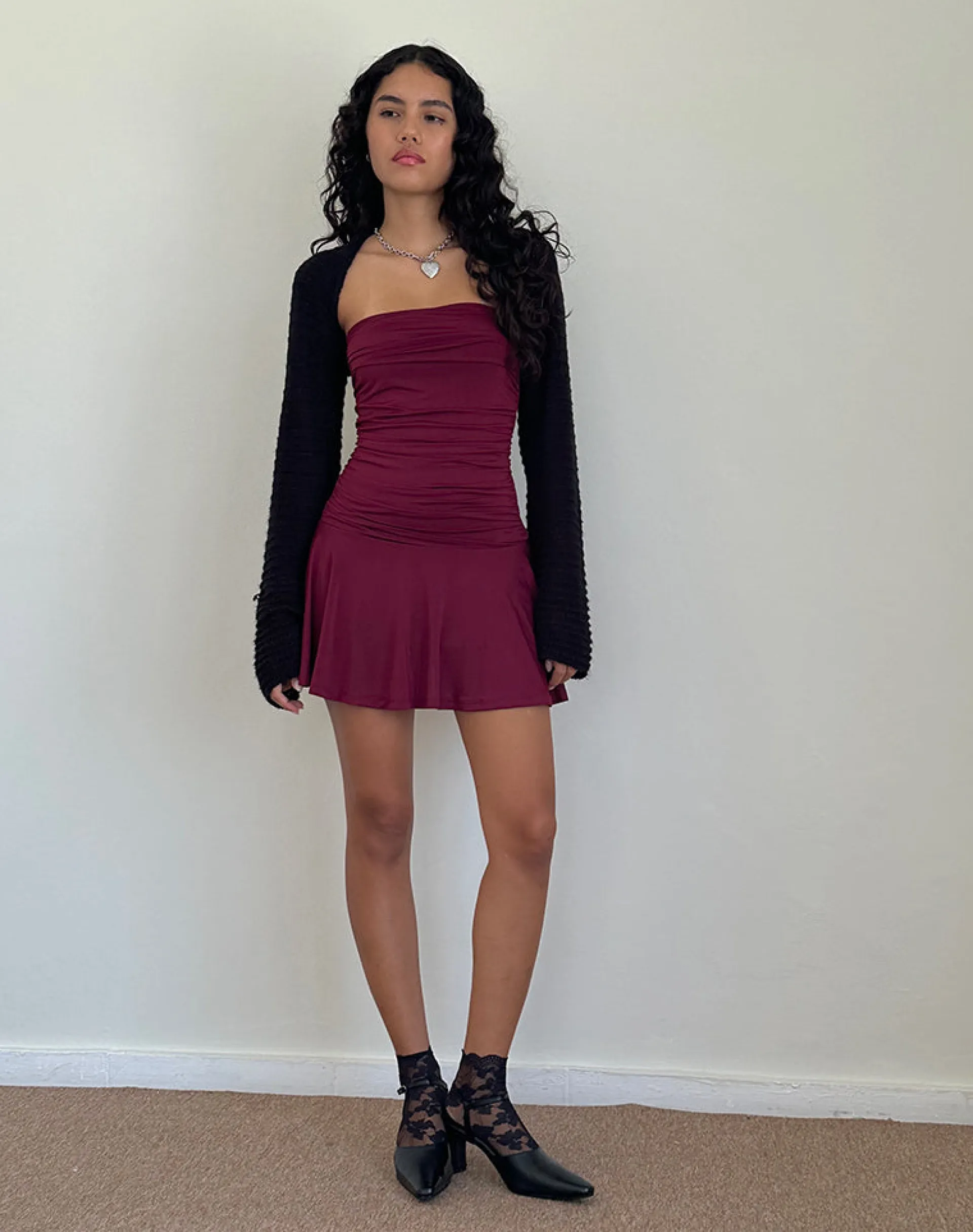 Motel Rocks Bandeau Dresses | Party Dresses-Yasmin Bandeau Mini Slinky Dress in Burgundy