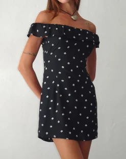 Motel Rocks Printed Dresses | Mini Dresses-Yudia Bardot Mini Dress in Ditsy Rose Black