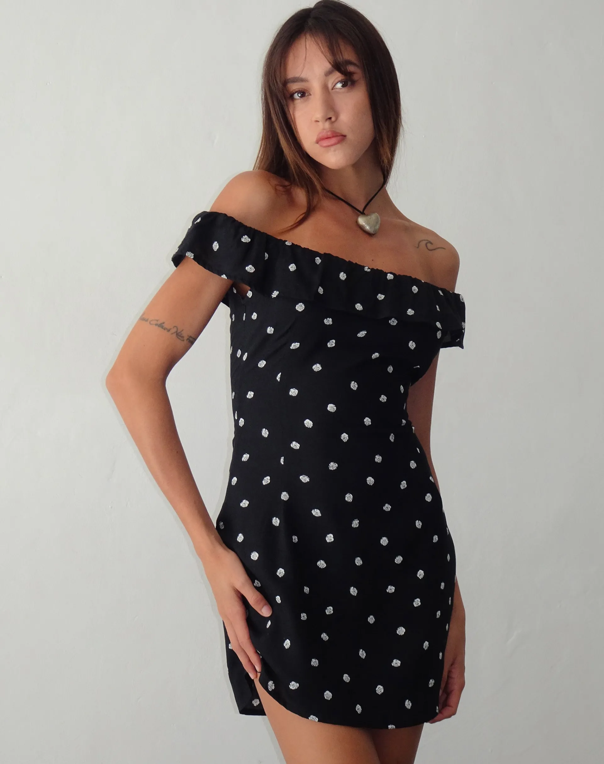Motel Rocks Printed Dresses | Mini Dresses-Yudia Bardot Mini Dress in Ditsy Rose Black