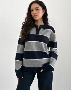 Motel Rocks Loungewear | Jumpers-Yusnada Oversized Rugby Jumper in Navy and Grey Stripe