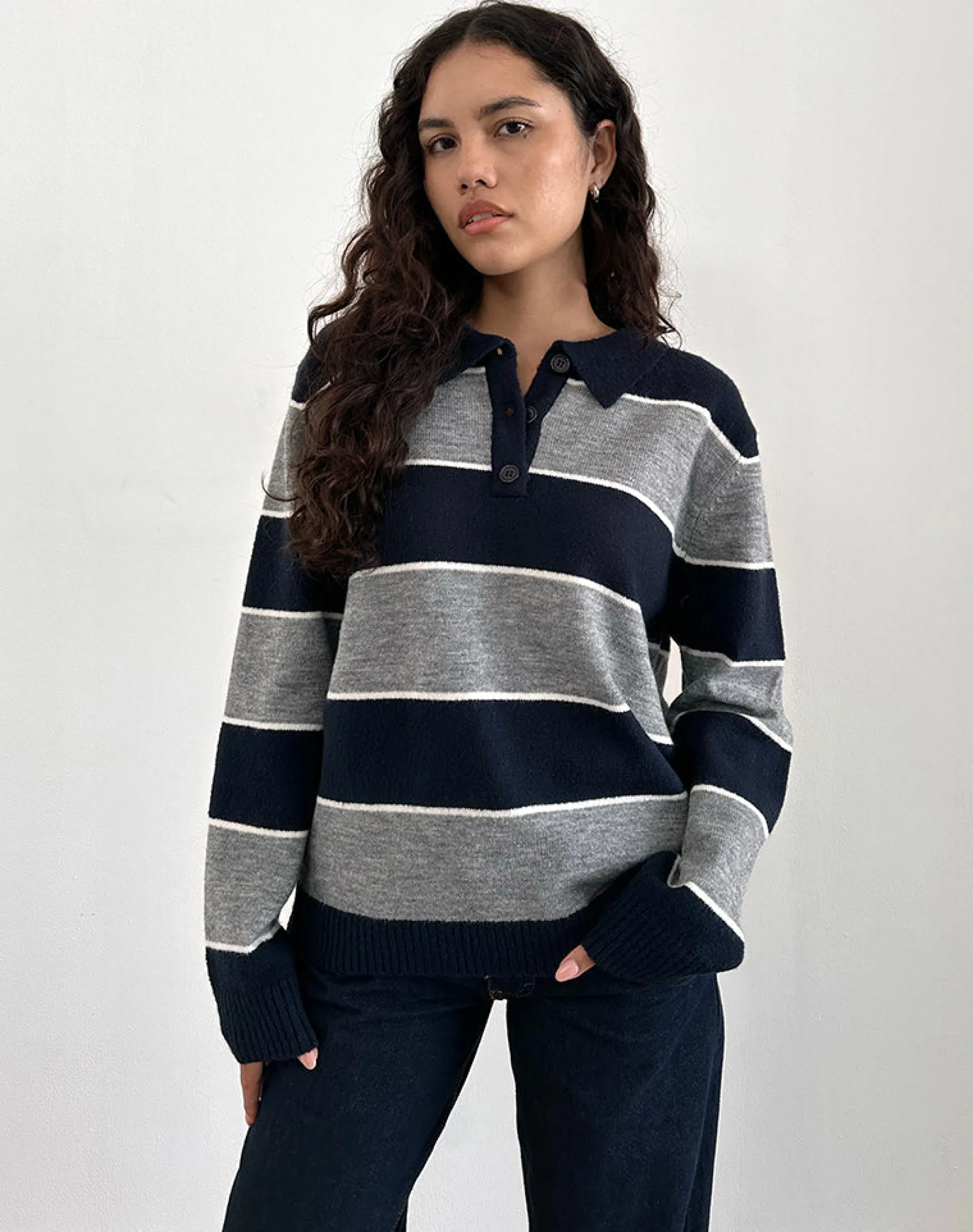 Motel Rocks Loungewear | Jumpers-Yusnada Oversized Rugby Jumper in Navy and Grey Stripe