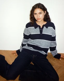Motel Rocks Loungewear | Jumpers-Yusnada Oversized Rugby Jumper in Navy and Grey Stripe