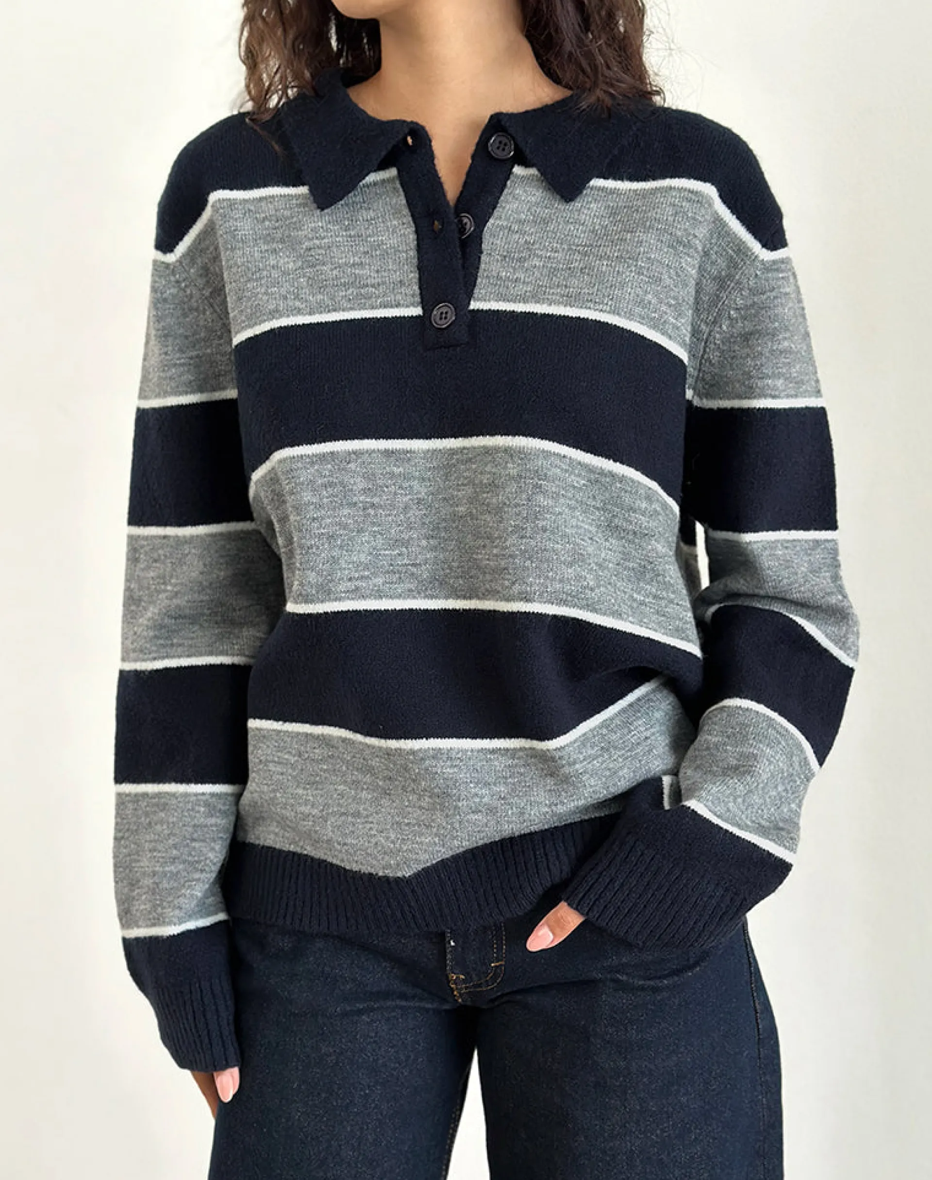 Motel Rocks Loungewear | Jumpers-Yusnada Oversized Rugby Jumper in Navy and Grey Stripe