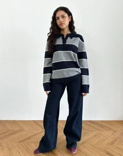 Motel Rocks Loungewear | Jumpers-Yusnada Oversized Rugby Jumper in Navy and Grey Stripe