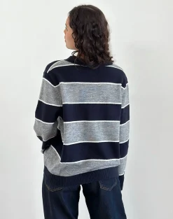 Motel Rocks Loungewear | Jumpers-Yusnada Oversized Rugby Jumper in Navy and Grey Stripe