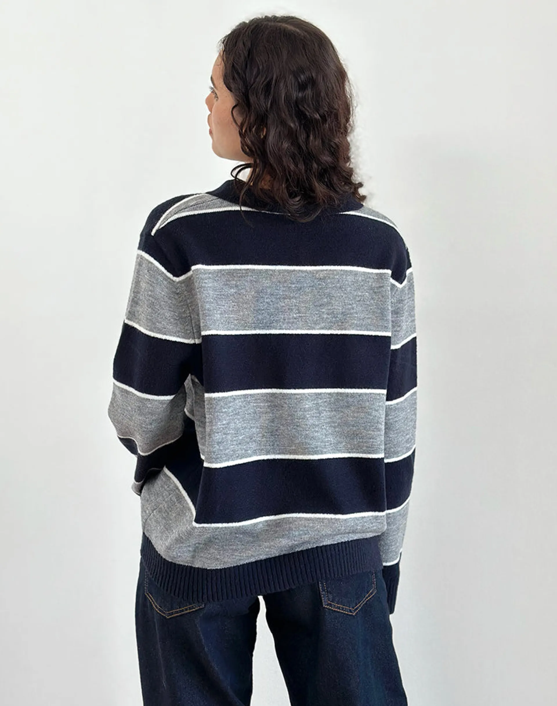 Motel Rocks Loungewear | Jumpers-Yusnada Oversized Rugby Jumper in Navy and Grey Stripe