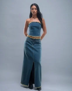 Motel Rocks A Line Skirts-Zaenap Frayed Denim Maxi Skirt in Brown Blue Acid