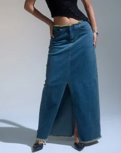 Motel Rocks A Line Skirts-Zaenap Frayed Denim Maxi Skirt in Brown Blue Acid