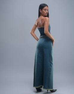 Motel Rocks A Line Skirts-Zaenap Frayed Denim Maxi Skirt in Brown Blue Acid