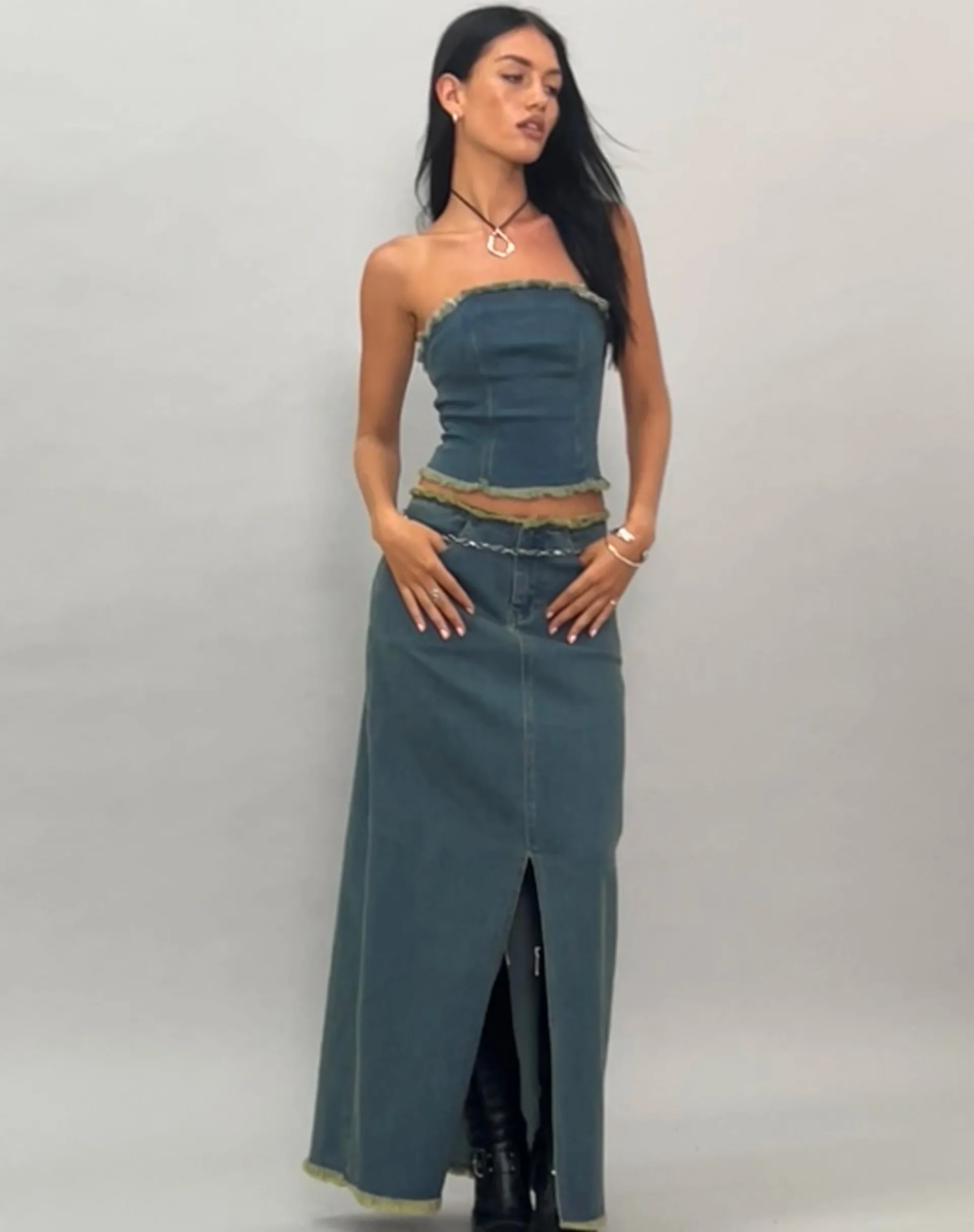 Motel Rocks A Line Skirts-Zaenap Frayed Denim Maxi Skirt in Brown Blue Acid