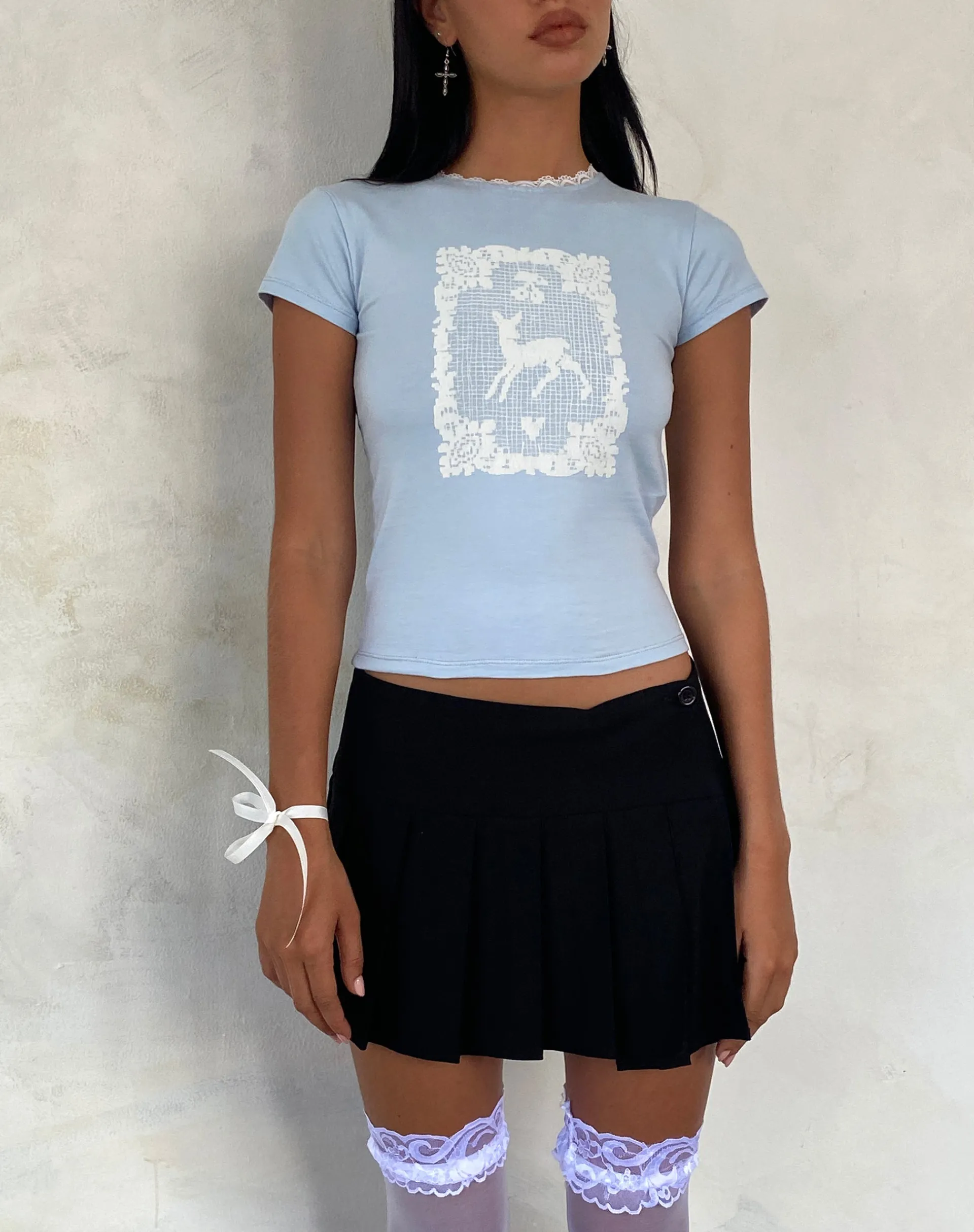 Motel Rocks Printed Tops | Tees-Zagy Short Sleeve Tee in Powder Blue with Deer Motif powderbluewithdeer