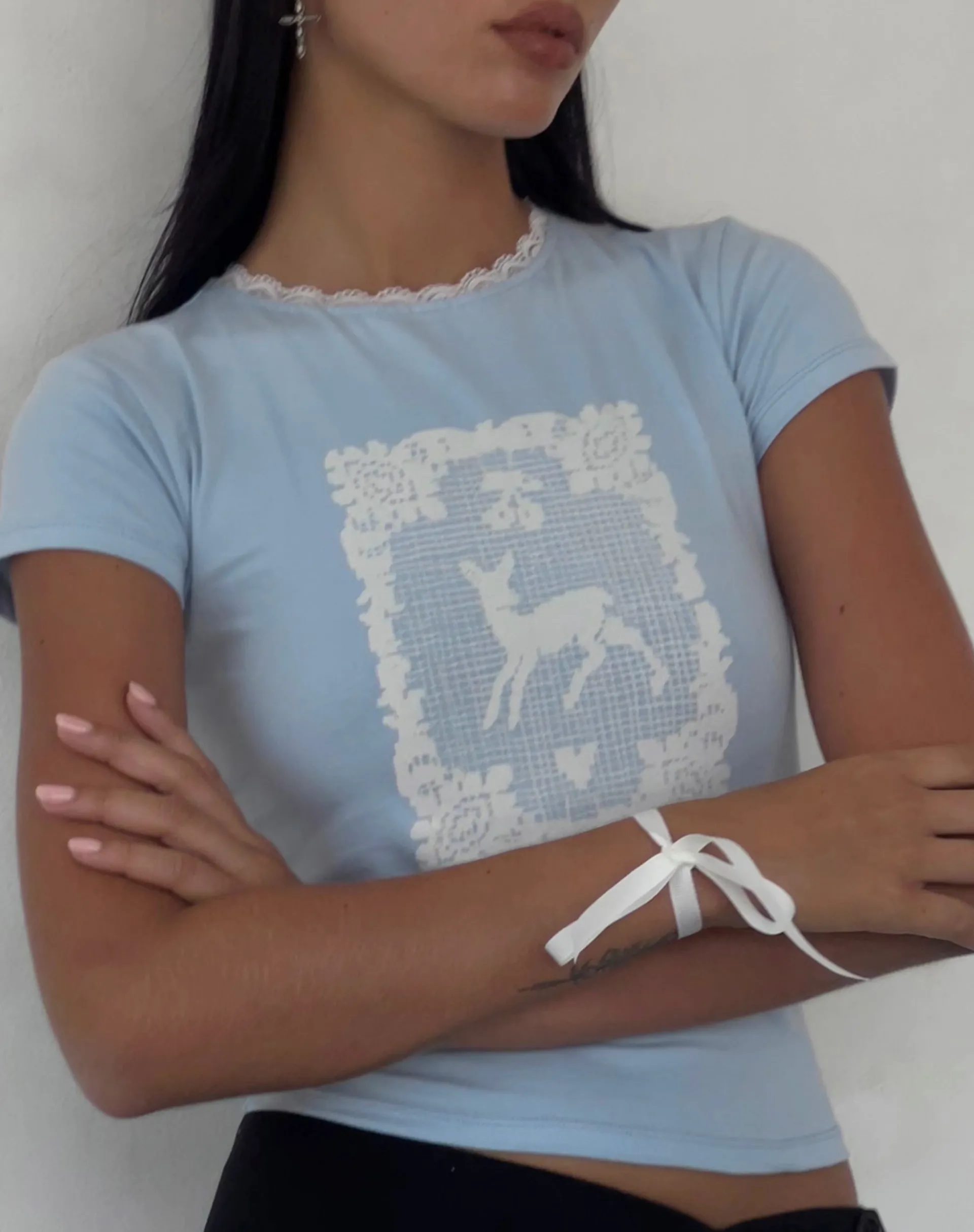 Motel Rocks Printed Tops | Tees-Zagy Short Sleeve Tee in Powder Blue with Deer Motif powderbluewithdeer