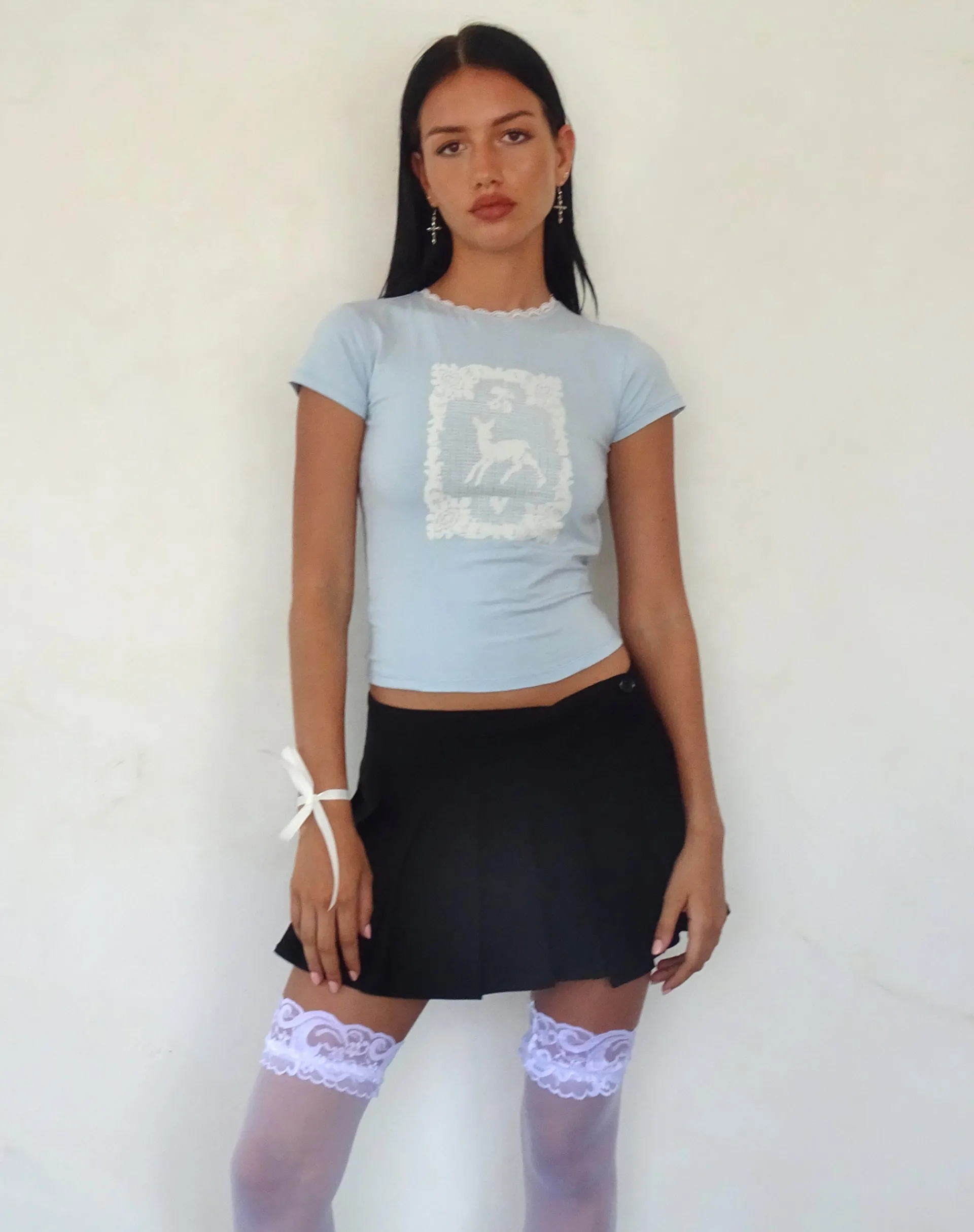 Motel Rocks Printed Tops | Tees-Zagy Short Sleeve Tee in Powder Blue with Deer Motif powderbluewithdeer