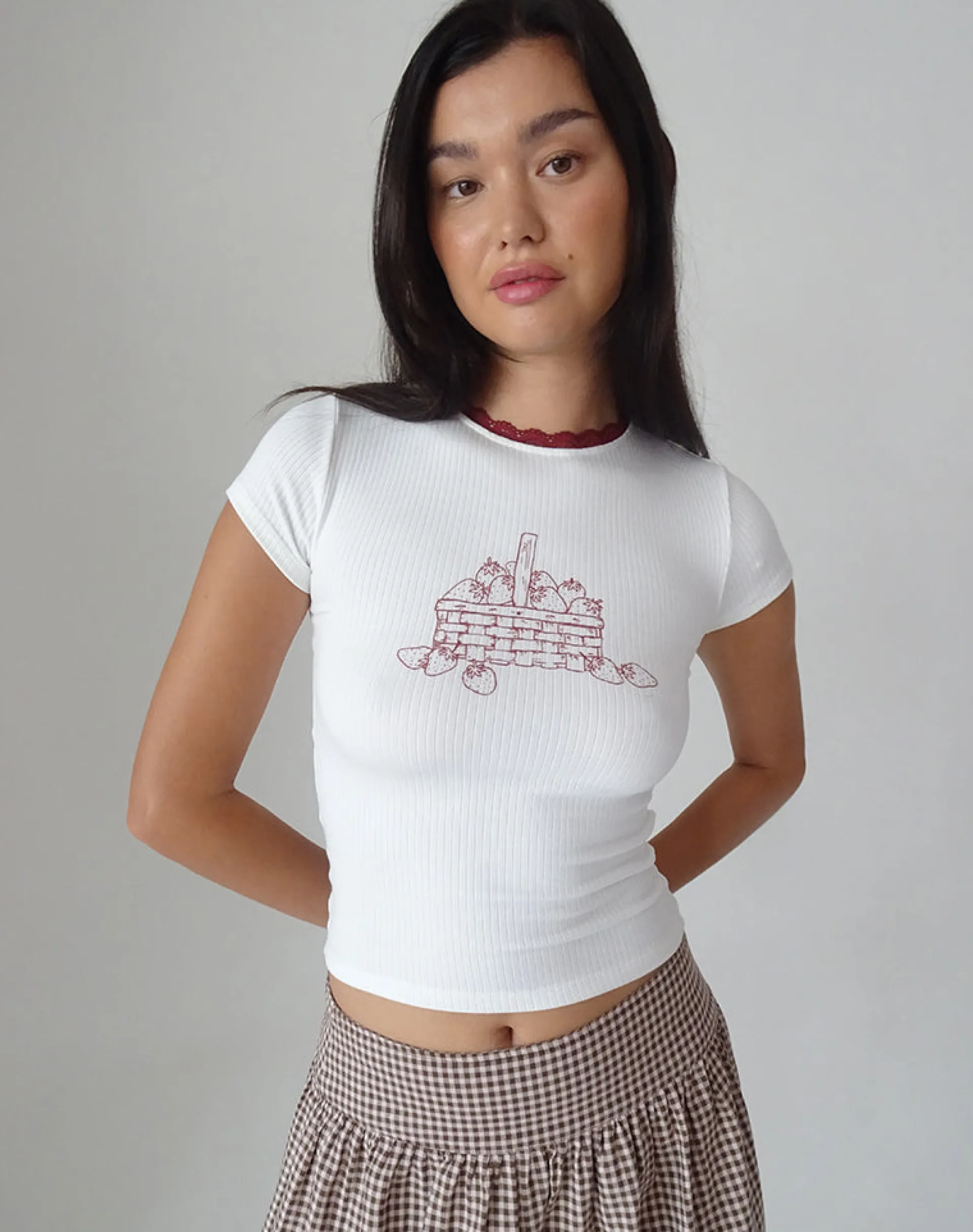 Motel Rocks Basic Tops | Printed Tops-Zagy Tee in Off White with Strawberry Pot Print OffWhitewithStrawberryPotPrint