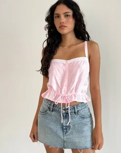 Motel Rocks Strappy Tops-Zaria Tie Front Top in Light Pink with White Trim LightPinkwithWhiteTrim