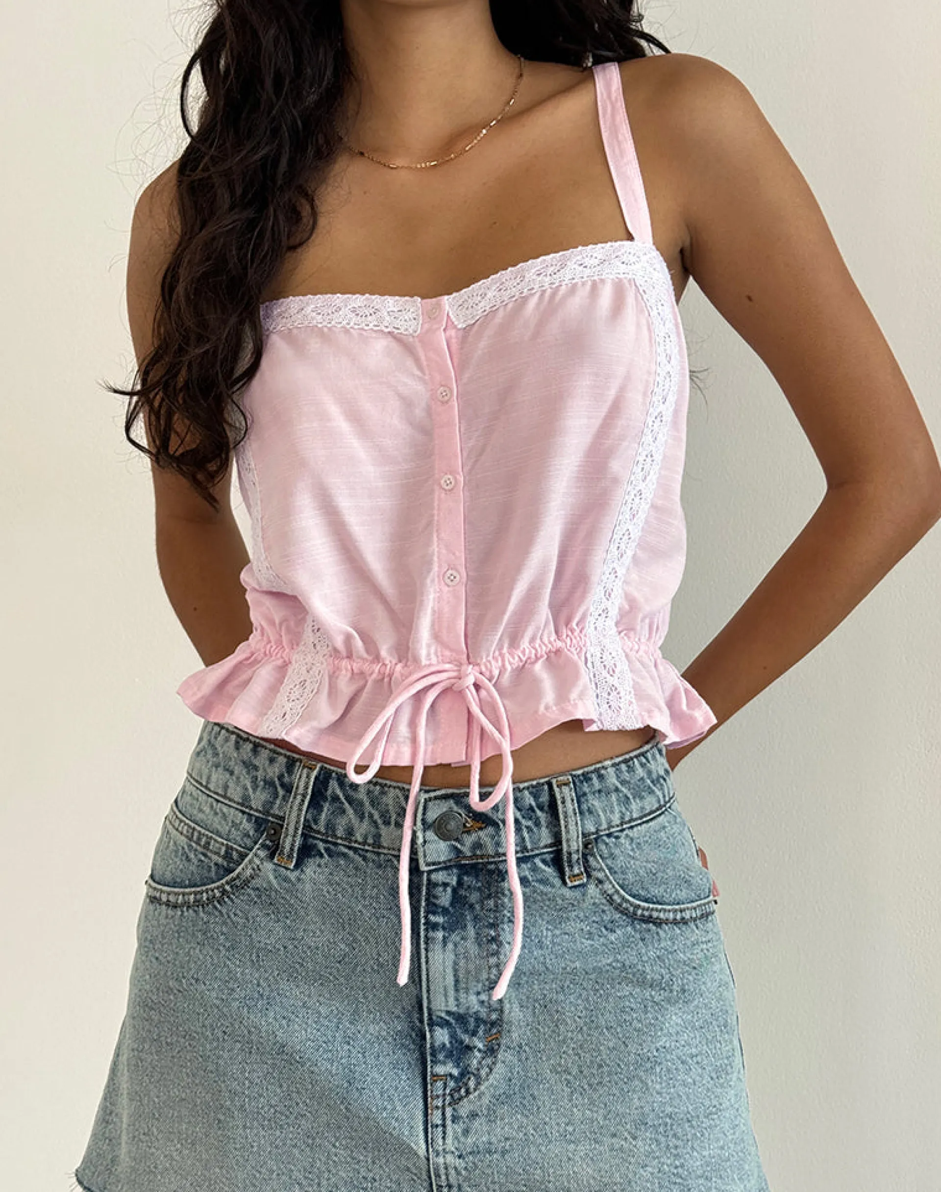 Motel Rocks Strappy Tops-Zaria Tie Front Top in Light Pink with White Trim LightPinkwithWhiteTrim