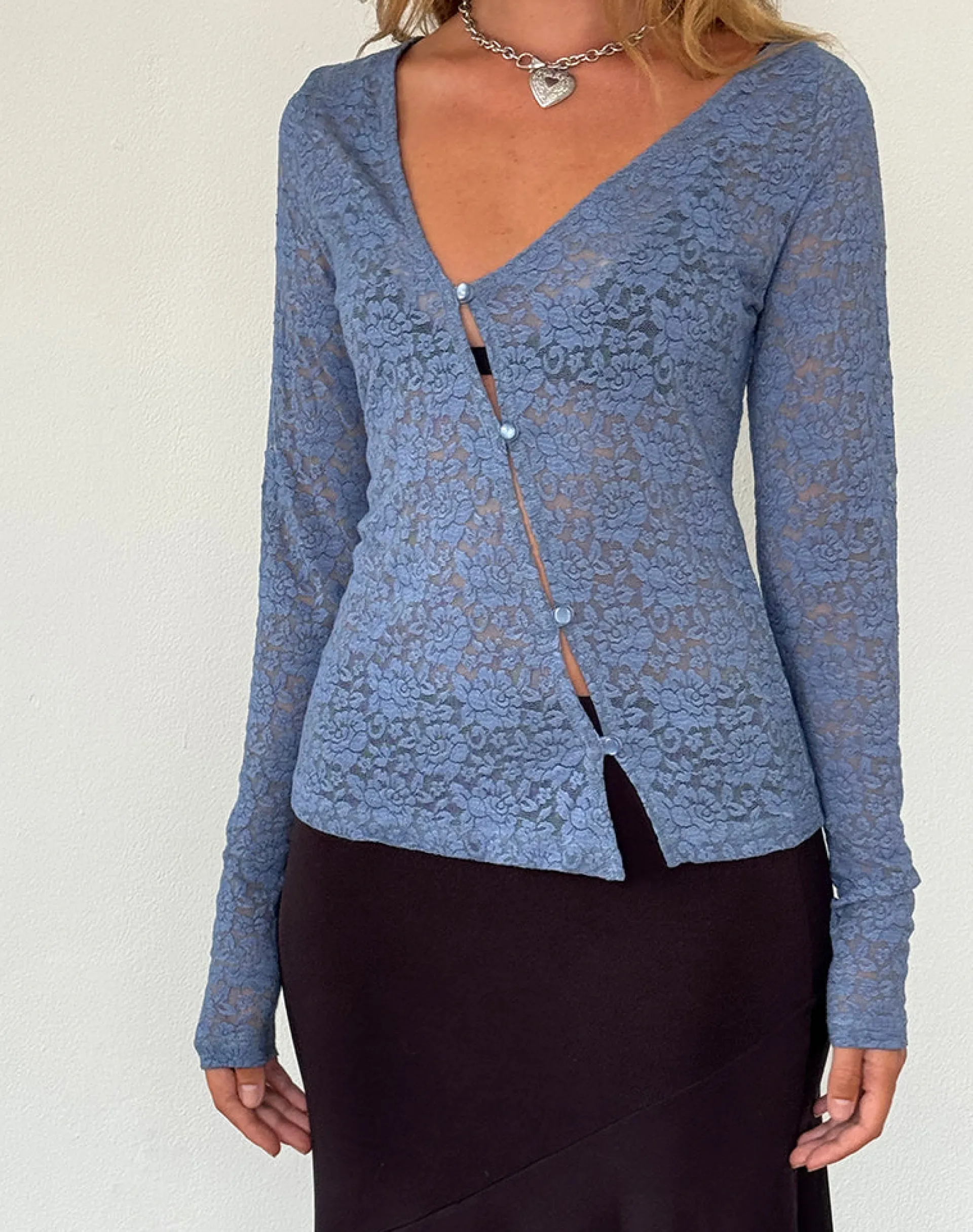 Motel Rocks Printed Tops | Long Sleeve Tops-Zatin Asymmetrical Cardigan in Moonlight Blue Lace