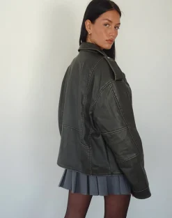 Motel Rocks Pu Jackets | Jackets-Zebbie Distressed Biker Jacket in Olive