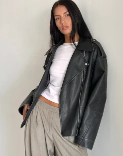 Motel Rocks Pu Jackets | Jackets-Zebbie Distressed PU Biker Jacket in Black
