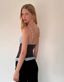 Motel Rocks Printed Tops | Strappy Tops-Zeina Cami Top in Blue Black Basic Polka BlueBlackBasicPolka
