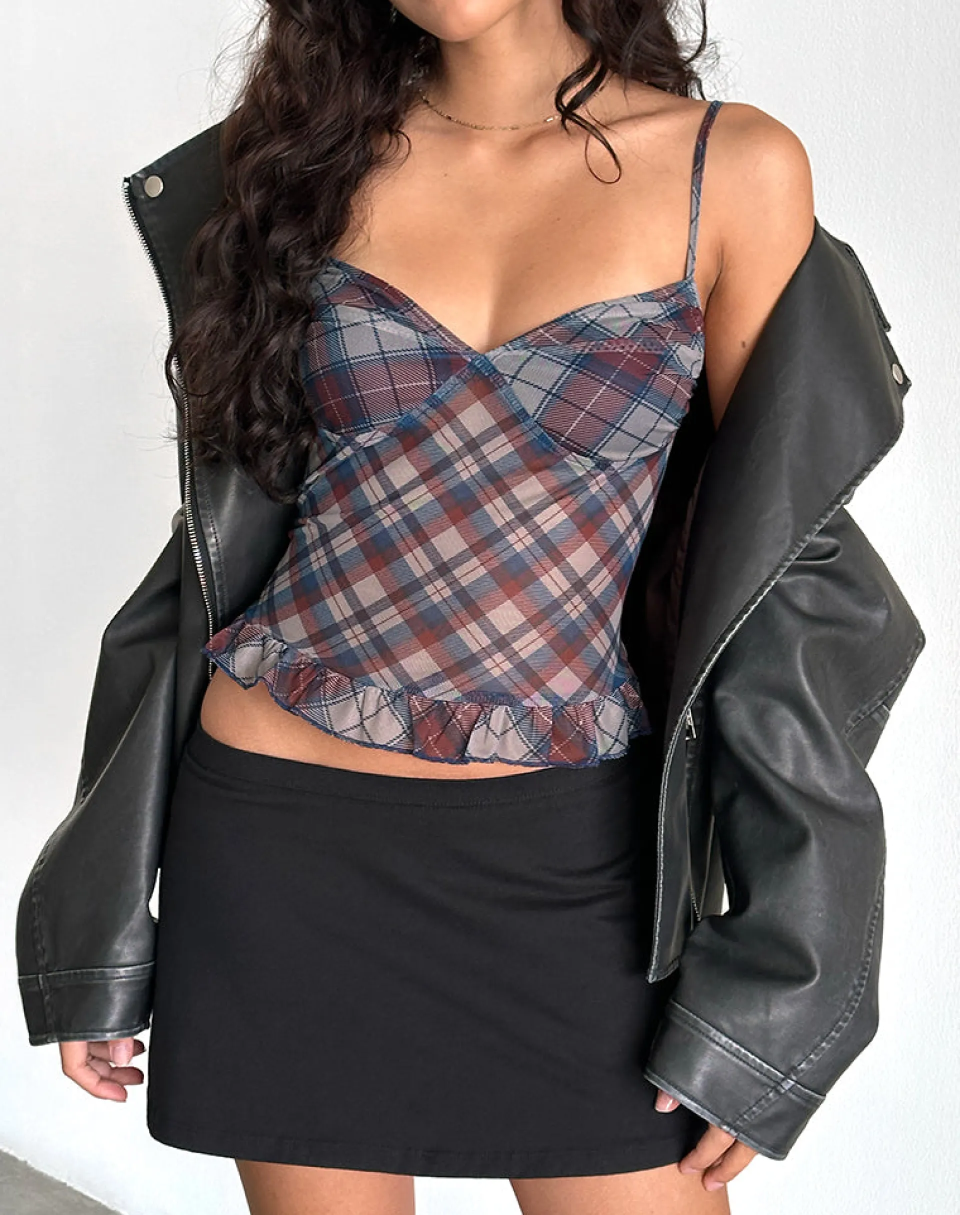 Motel Rocks Printed Tops | Strappy Tops-Zeina Cami Top in Diagonal Check Navy DiagonalCheckNavy