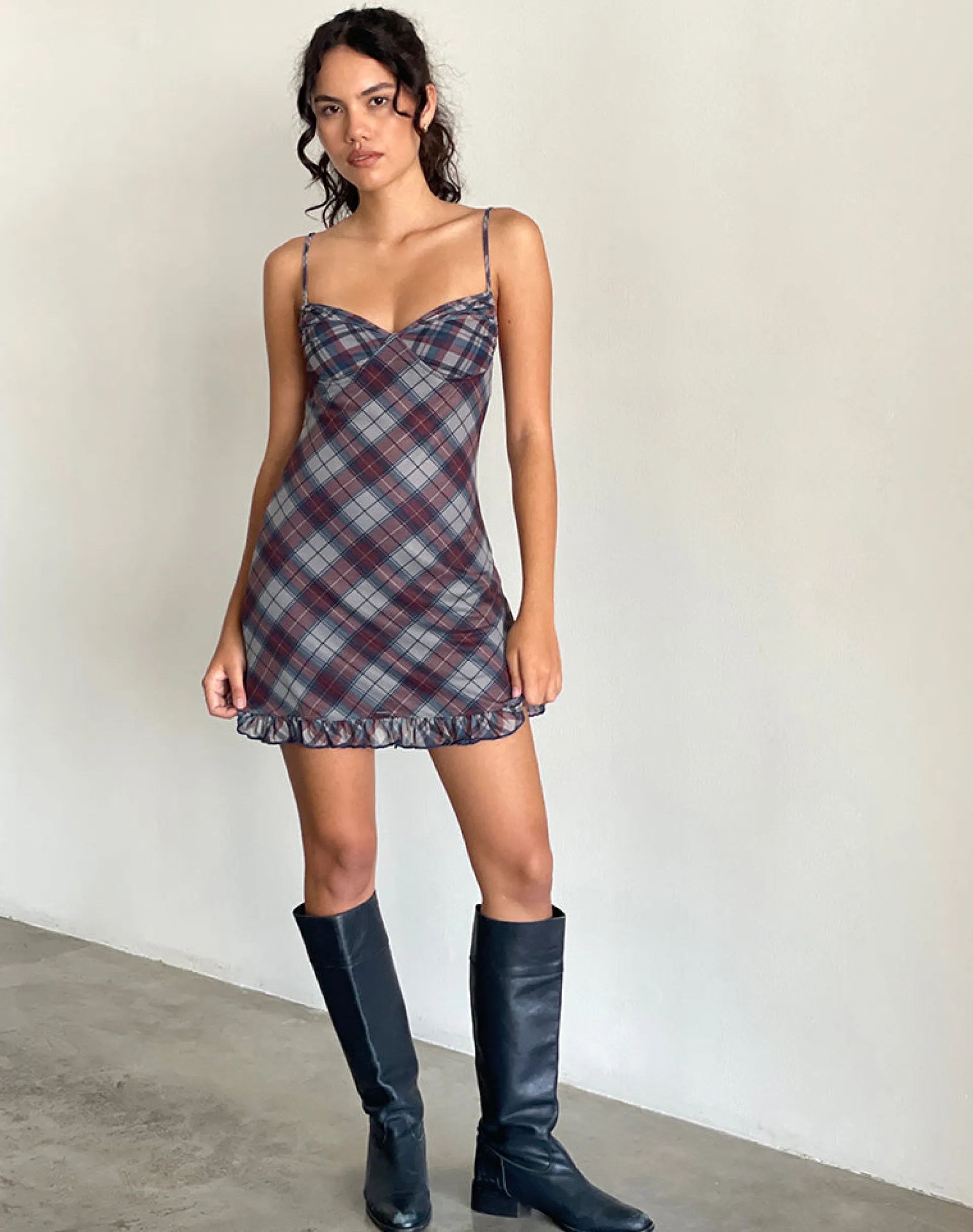 Motel Rocks Printed Dresses | Mini Dresses-Zeinari Mini Dress in Diagonal Check Navy