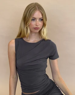 Motel Rocks Co-Ords | Going Out Tops-Zera Asymmetric Ruched Top in Grey